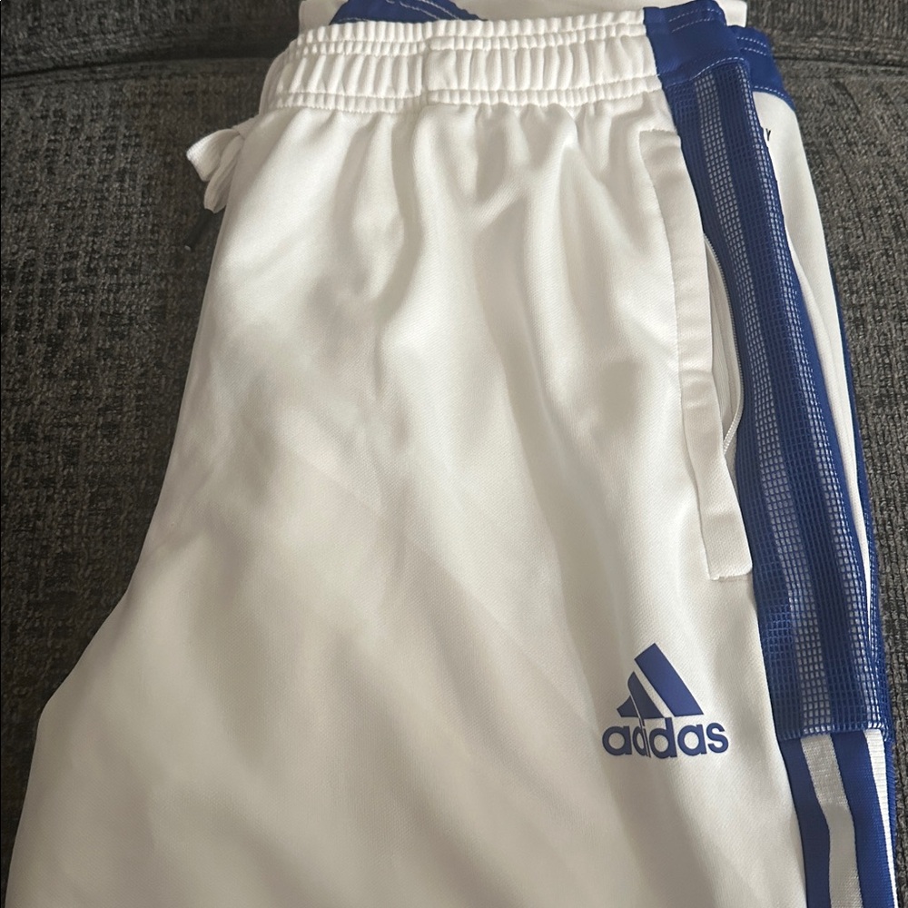 Adidas White Track Pants with Blue Stripes